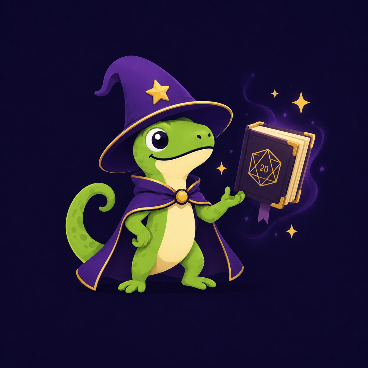O Wizard Lizard conjurando, com um grimório brilhante de d20 ao lado.